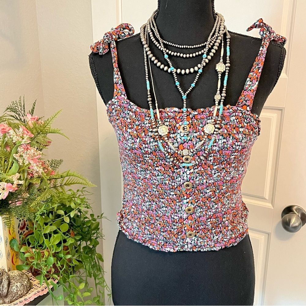 Patrons Of Peace NORMANDIE Colorful Ditsy Floral Smock Crop Tie Strap Blouse L